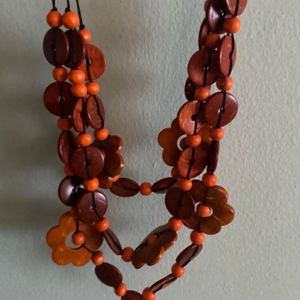 New Artisan Autumn Brown& Orange Wooden Bead Floral Decor Statement Necklace - Picture 7 of 9